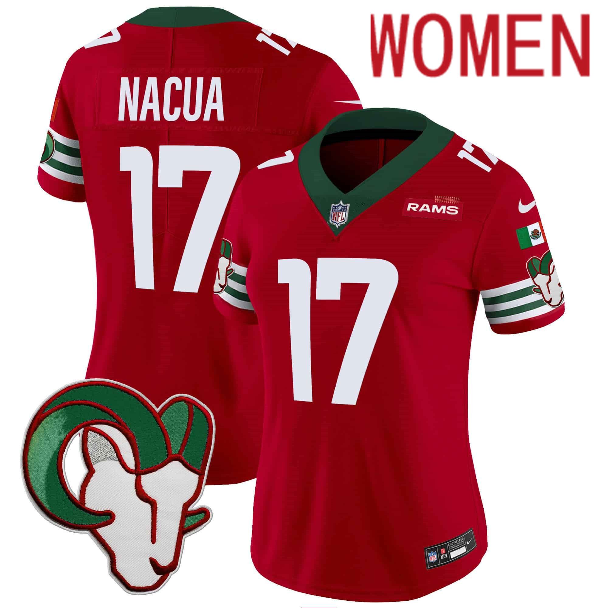 Women Los Angeles Rams 17 Nacua Red 2024 Nike Mexico Vapor Limited NFL Jersey style 1